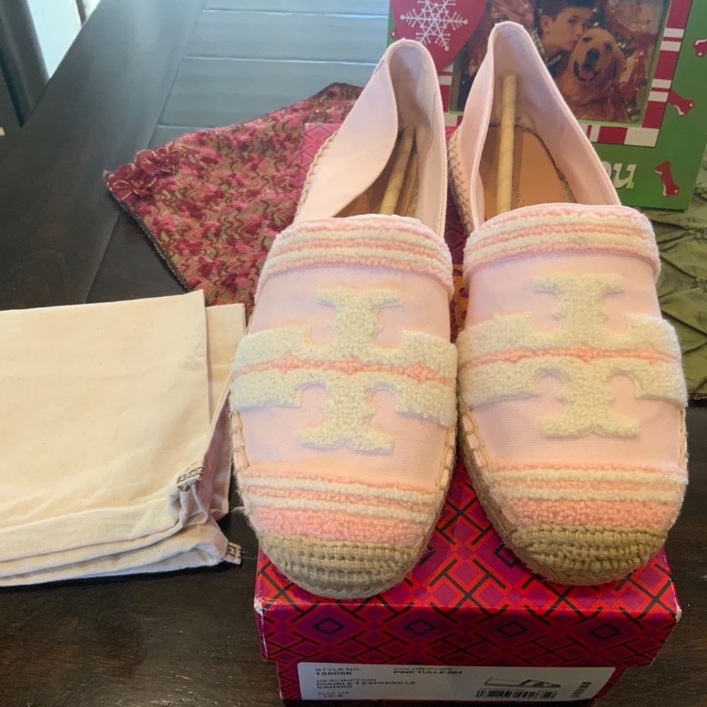 Tory Burch double t canvas espadrille in pink tulle, BNIB,MSRP$198, HTF - Picture 8 of 11